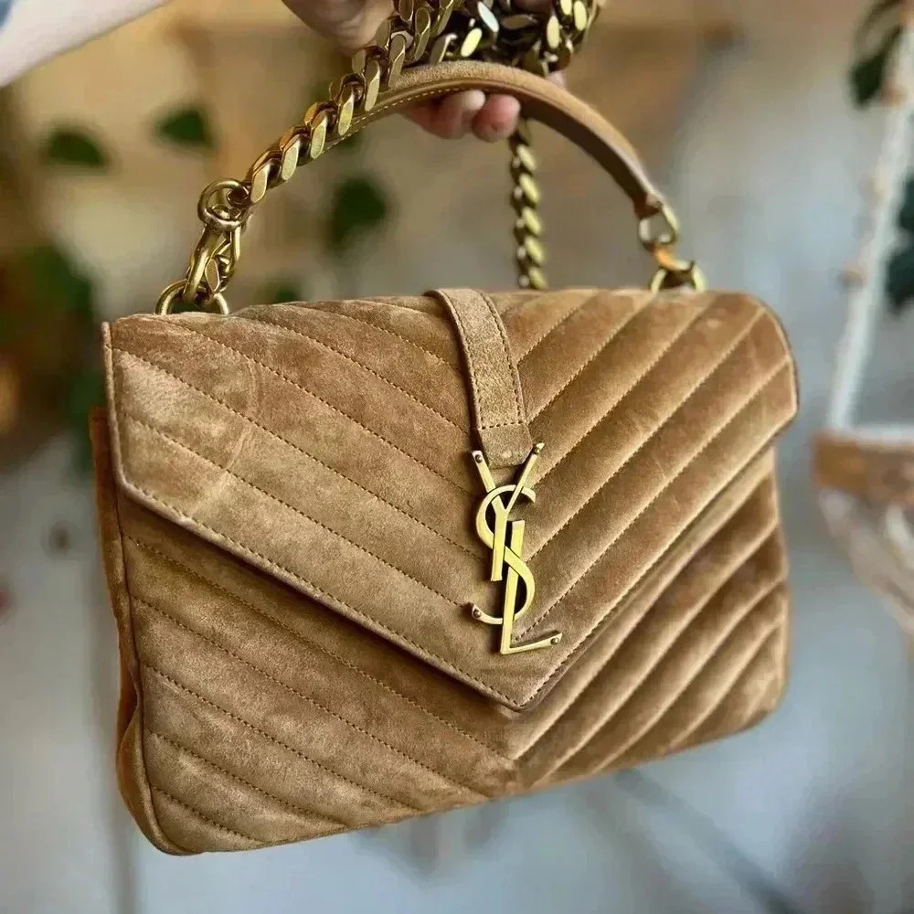 YSL Saint Laurent College Chain Bag Quilted Suede Designer Handbag Crossbody
